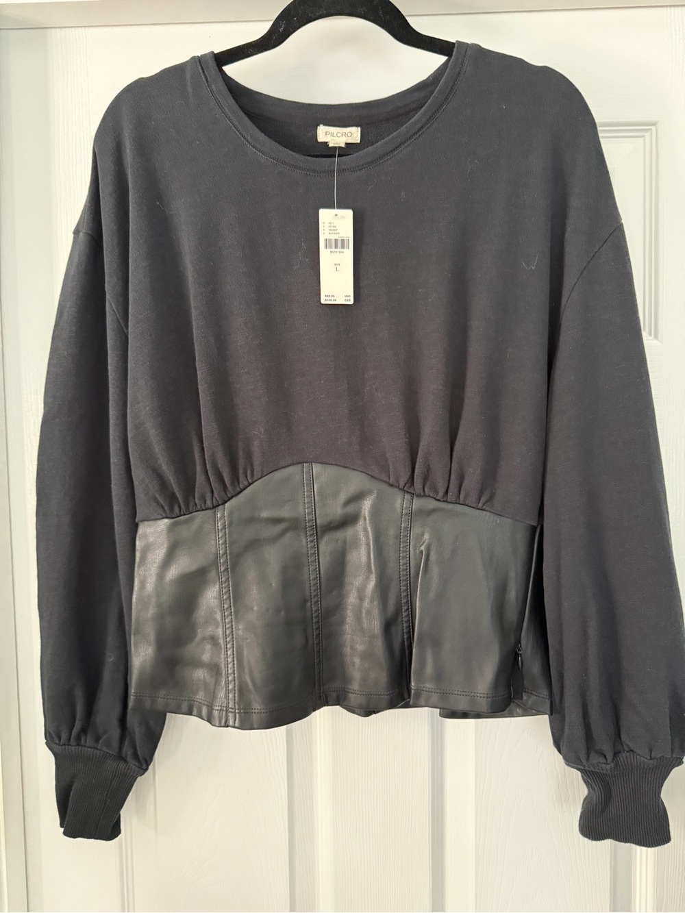 Pilcro Black Mixed-Media Peplum Pullover - Large